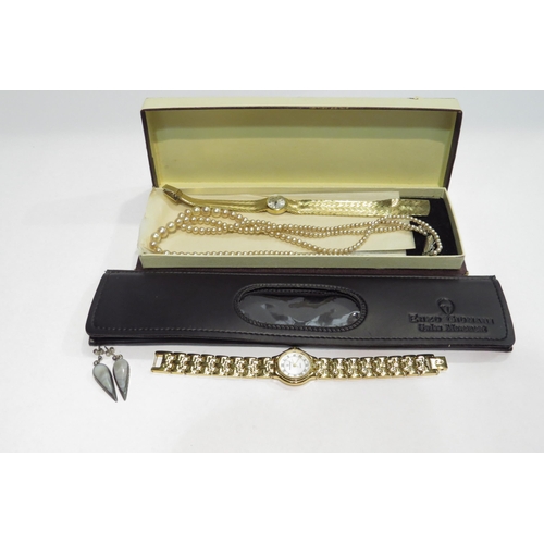 4369 - Two costume watches including Enzo Giomani, faux pearl necklace and a pair of earrings