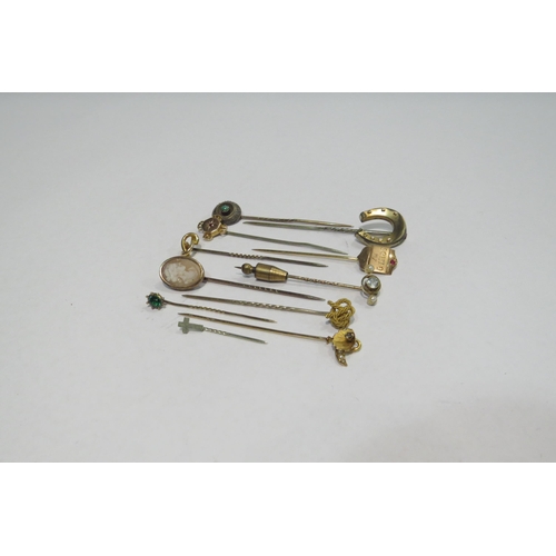 4381 - Eleven various gold, yellow and white metal stick pins including three stamped 9ct and one stamped 1... 