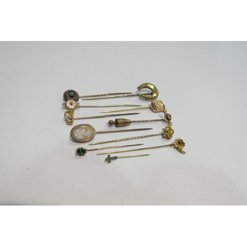 4381 - Eleven various gold, yellow and white metal stick pins including three stamped 9ct and one stamped 1... 