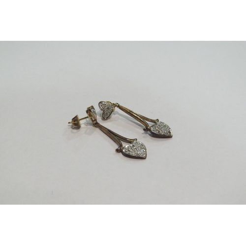 4383 - A pair of 9ct diamond set drop earrings with heart shaped terminals, approximately 3.8g     (C)