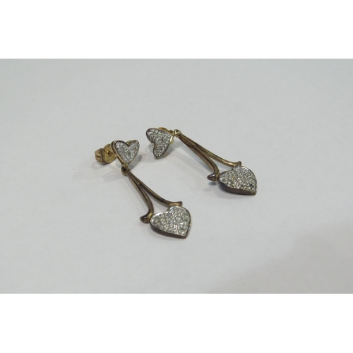 4383 - A pair of 9ct diamond set drop earrings with heart shaped terminals, approximately 3.8g     (C)