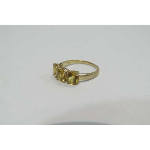 4384 - A 9ct three stone citrine set ring, size N/O,  approximately 2g