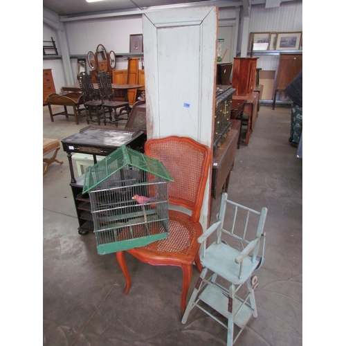 2086 - A French cane seat chair, painted old French panel door, metamorfic vintage child's chair and roller... 