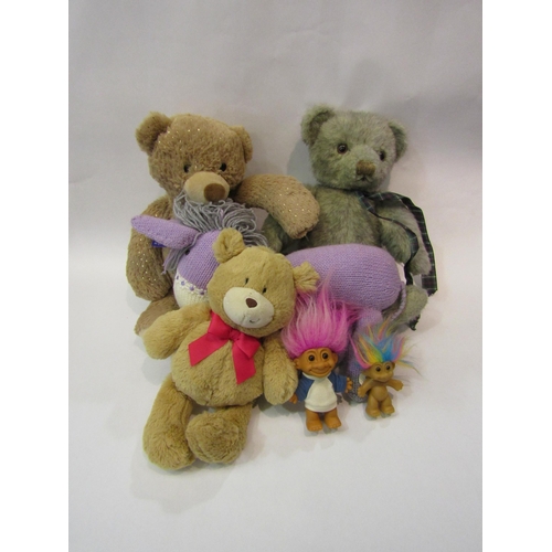 4161 - A selection of teddy bears, a knitted donkey and two troll dolls (6)