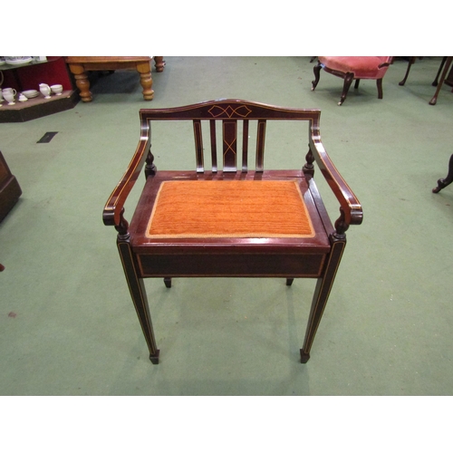 4202 - An Edwardian inlaid piano stool, rising lid, spade feet, 71cm tall x 49cm wide x 40cm deep