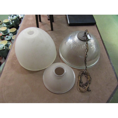 4209 - A holophane pendant lamp (38cm diameter) and two shades (34.5cm and 25cm diameter)  (E)  £40-50