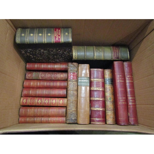 4127 - A box of antiquarian leather bound books including Charles Dickens, Shakespeare, London Society, etc