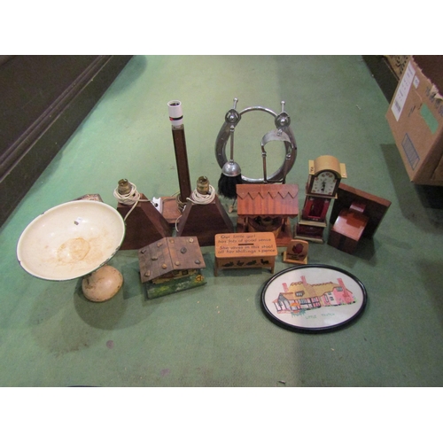 4217 - A group of domestic bygone items including scales and weights, wooden lamp base and a Thorens muscia... 