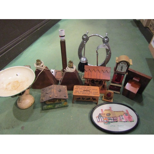 4217 - A group of domestic bygone items including scales and weights, wooden lamp base and a Thorens muscia... 