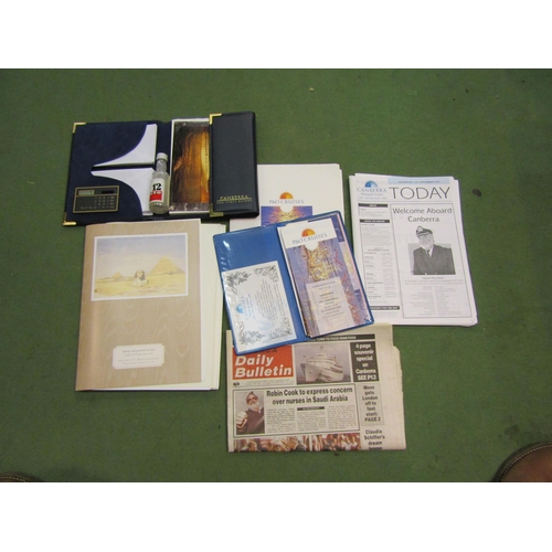 4222 - A box of ephemera relating to the Canberra Farewell Cruise 21st September 1997 menus, empty ouzo bot... 