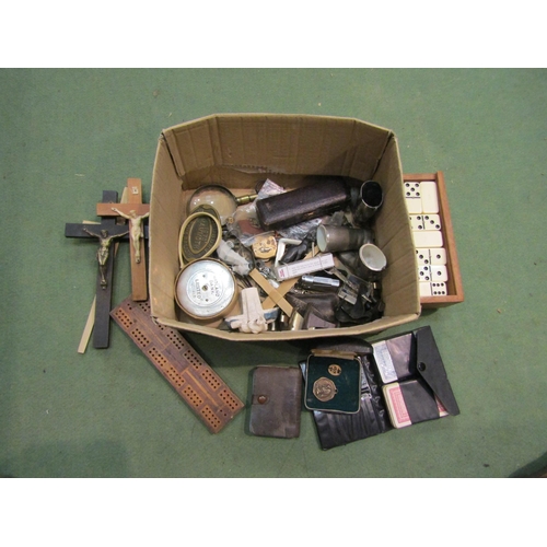 4223 - A mixed lot of collectables including dominoes sets, crucifixes, miniature terrier doorstop etc