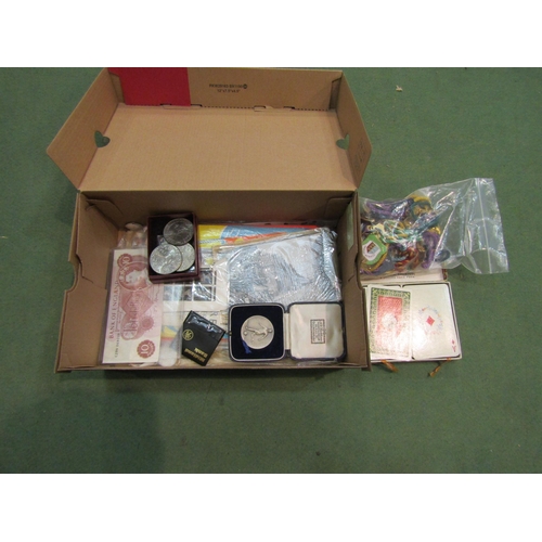 4224 - A box of miscellaneous including enamel badge, 10/- note, football medal (not engraved), Tudor Rose ... 