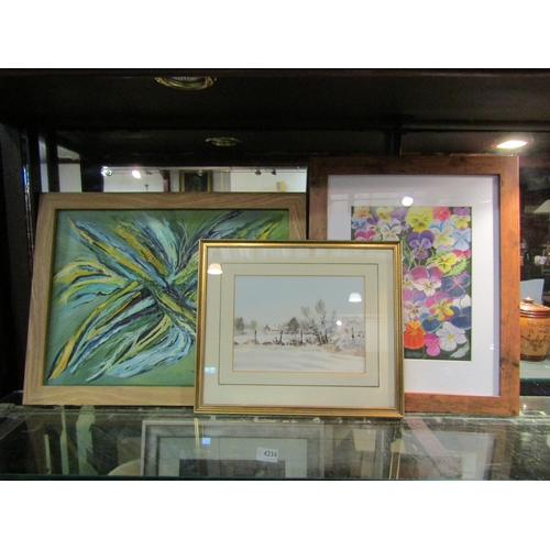 4229 - Three framed pictures including Peter Solly (Norfolk artist) winter landscape watercolour, an abstra... 