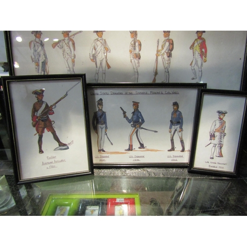 4253 - Pen drawn uniforms of various companies and nations, signed lower right '77, framed and glazed (4)