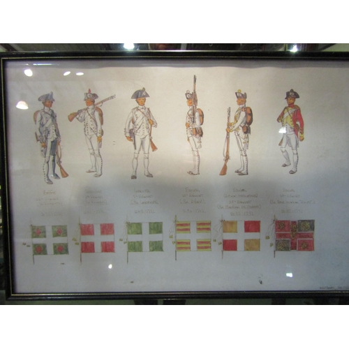 4253 - Pen drawn uniforms of various companies and nations, signed lower right '77, framed and glazed (4)