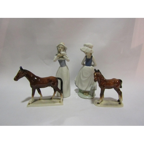 4255 - A Nao figure and another similar example, two Arabic horses, one a/f, three Continental plates and t... 