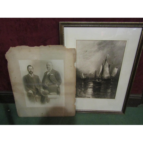 4262 - Two prints of charcoal fishing scenes together with photo of two gentlemen, one holding a bowler hat... 