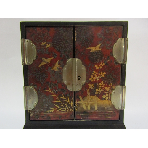 4279 - A table top lacquered jewellery chest twin doors over painted with  birds in landscape (no key)