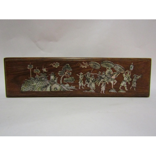 4280 - A Chinese hardwood box with mother-of-pearl decoration containing chopsticks and rests