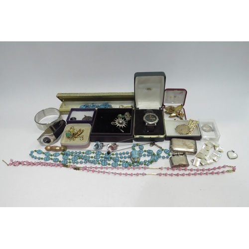 4364 - A tub of bijouterie, wristwatch, silver vesta case, coin brooch etc