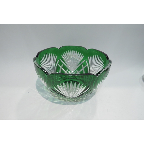 4420 - A Bohemian green glass fruit bowl, basalt style trinket pot and pin tray with applied Egyptian motif... 