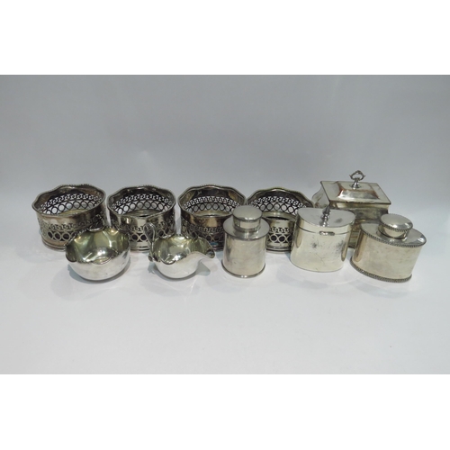 4440 - A collection of plated ware to include bottle coasters, tea canister, cream jug etc