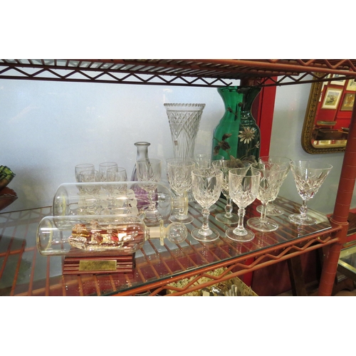 4449 - A selection of crystal wine and sherry glasses, green painted vase, ships in bottles etc     (R) £0