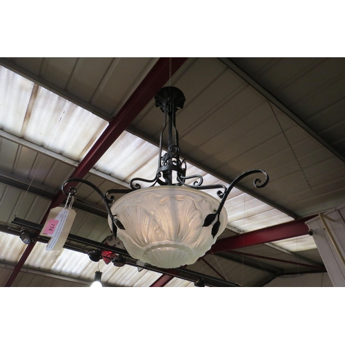 4464 - An Art Deco Verrerie Des Vosges French wrought iron ceiling lamp with opaque moulded glass shade, ci... 