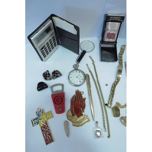 1333 - A box of miscellaneous to include silver A.W.C.C. Waltham pocket watch a/f, Zippo lighter, cuff link... 