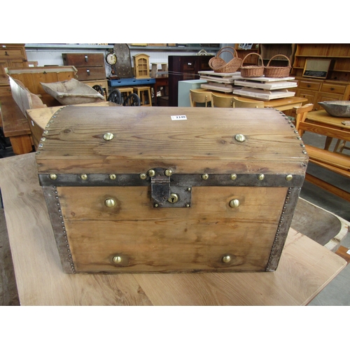 2293 - A polished brass iron bound pine coaching trunk