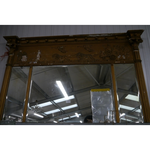 2133 - A 19th Century gesso over mantle mirror, ball top rail applied with an angel, lions pulling chariot,... 