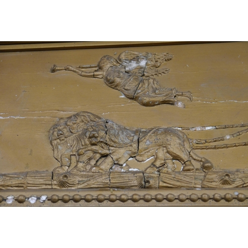 2133 - A 19th Century gesso over mantle mirror, ball top rail applied with an angel, lions pulling chariot,... 