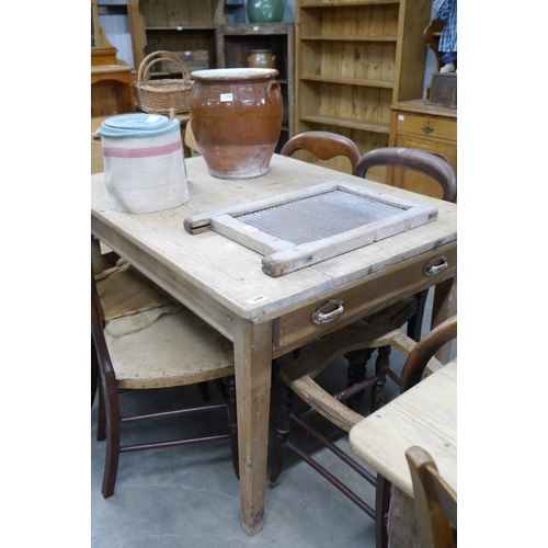 2300 - An Edwardian pine kitchen table with a drawer to one end 3' x 4'