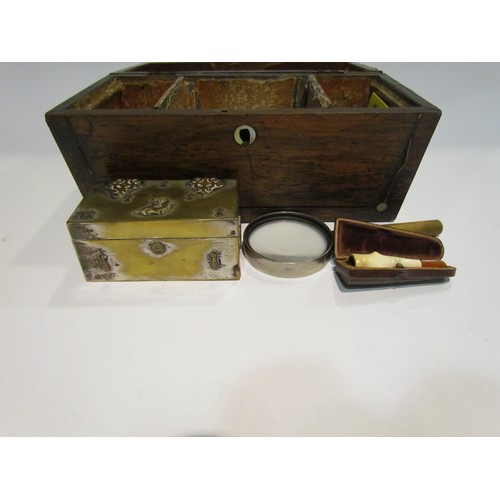 4306 - A 19th Century tea caddy together with collectable contents including silver vesta case and silver g... 