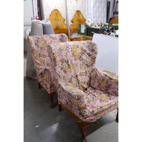 2363 - A pair of 1930's claw and ball foot wingback chairs, for re-upholstering     (E) £20-30