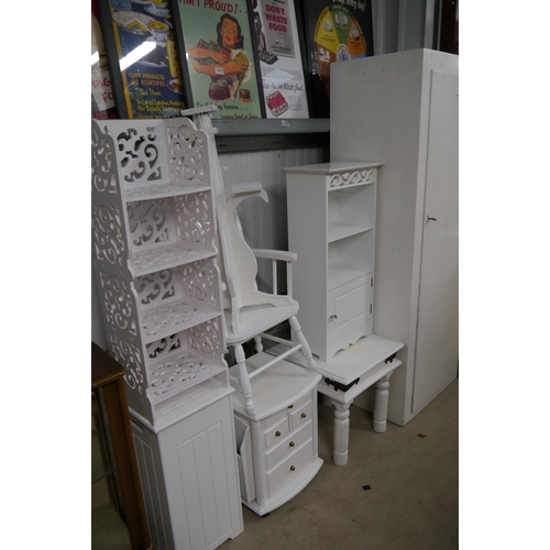 2374 - Six white painted tables and shelving unit and a painted white chair (7)