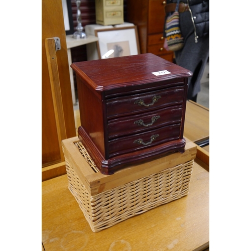 2391 - A table top miniature three drawer chest and a wickert box (2)