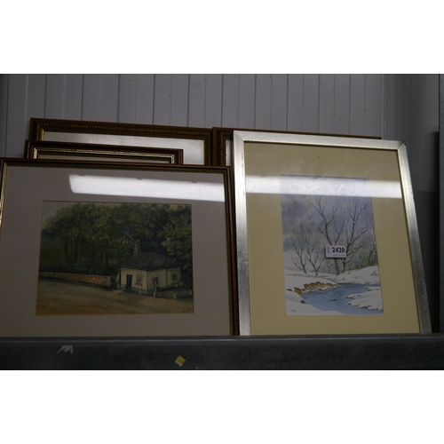 2420 - Pair of framed and glazed water colour painintgs of a cottage and trees, and a snowy scene of trees ... 