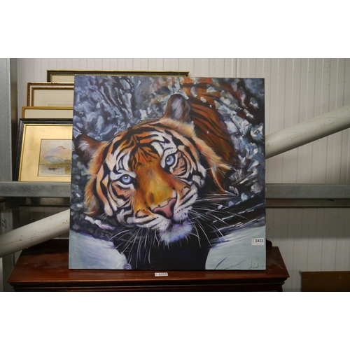 2422 - An unframed oil on canvas portrait of a tiger