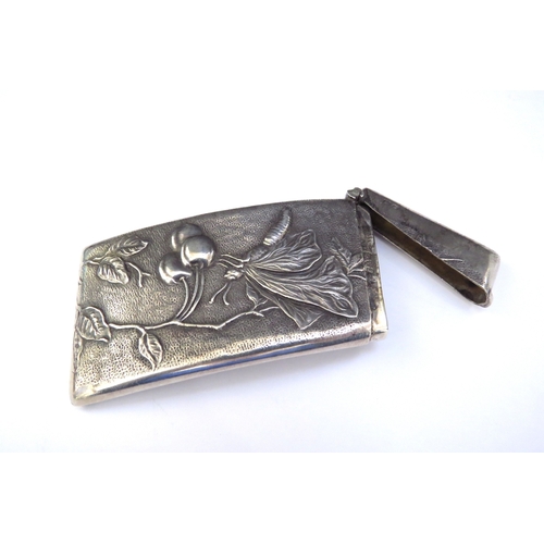 6432 - A silver card case of ergonomic form with repousse butterfly and cherries on a branch, Chester 1906,... 