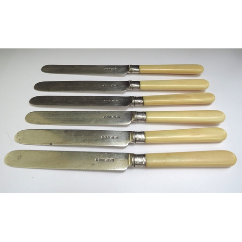 6468 - A set of six silver bladed butter knives with ivorine handles, Sheffield 1916, makers mark J.R