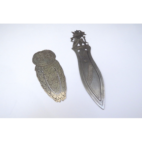 6449 - A silver book mark as an owl and another Eastern example stamped 800