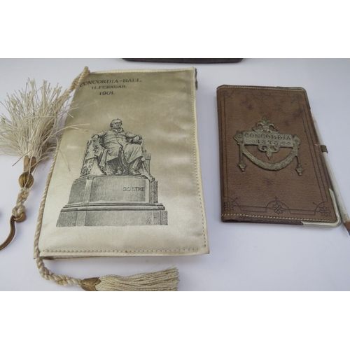 6462 - A Concordia Ball cream silk purse with dance card and music programme dated 11 Feb 1901 and a leathe... 