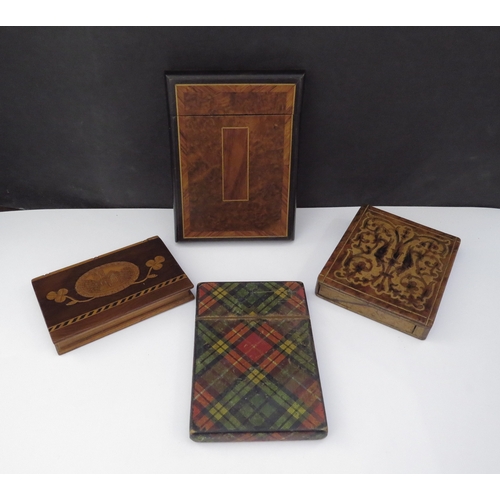 6453 - Four various wooden card cases including Tunbridge ware example