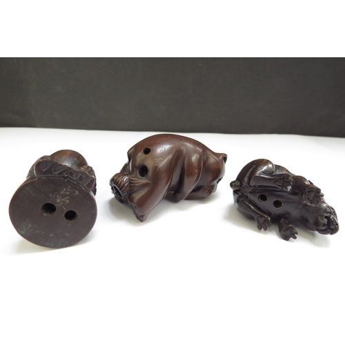 6411 - Three Meiji period (1868-1912) signed Japanese wood Netsukes, Toad, Rabbit and Panda bear 5, 4.5 and... 