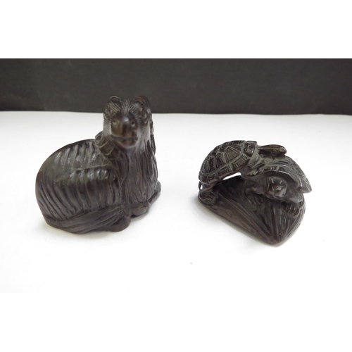 6409 - Two Meiji Period (1868-1912) signed Japanese wood Netsukes tortoise and goat 2.5cm and 3.7cm tall.  ... 