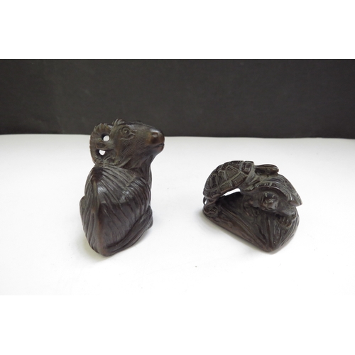 6409 - Two Meiji Period (1868-1912) signed Japanese wood Netsukes tortoise and goat 2.5cm and 3.7cm tall.  ... 