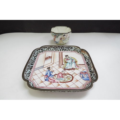 6393 - A Canton enamel dish with figure scene, together similar Saki cup  (2) some losses  (R)  £50