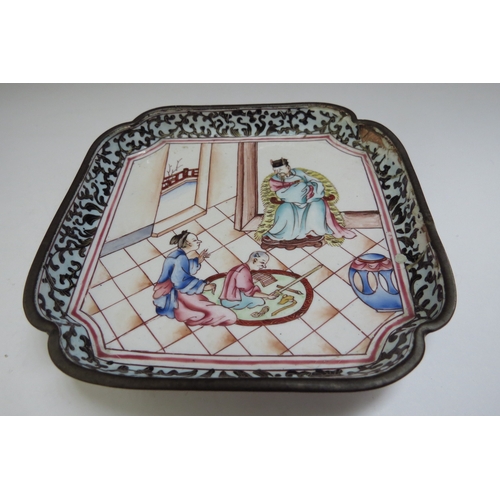 6393 - A Canton enamel dish with figure scene, together similar Saki cup  (2) some losses  (R)  £50