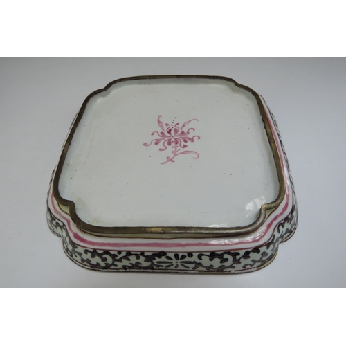 6393 - A Canton enamel dish with figure scene, together similar Saki cup  (2) some losses  (R)  £50